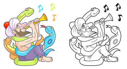 Cartoon snake charmer plays on the pipe

