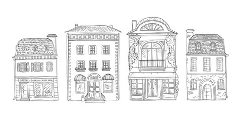 Vector black and white set of sketch illustration of vintage European homes. The shops and cafes of the old city buildings.