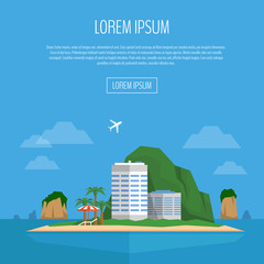 Tropical island web banner. Beach vacation. Beach, hotel, palm, beach umbrella and chair. Flat style, vector illustration.