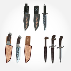 Vector set of hunting knives and leather sheath, flat style design.