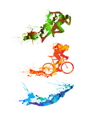 Triathlon set. Splash paint silhouettes - obrazy, fototapety, plakaty
