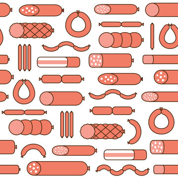 Sausage seamless pattern. Various sausages and meat products. Butcher shop background. Flat style. Vector illustration.