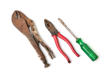 old and rusty tools isolated on white background