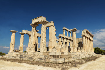 temple on the Island of Aegina in Greece on blue sky background