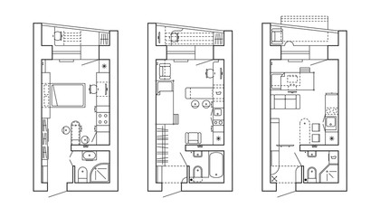 Architectural plan of a house. Layout of the apartment with the furniture in the drawing view. With kitchen and bathroom, living room and bedroom. Graphic design elements. 