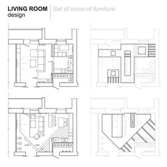The architectural plan. the layout of the apartment with the furniture in the drawing view. Top. Accommodation with kitchen, living room.
