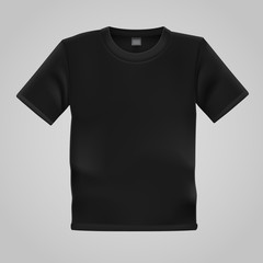 Black T-shirt template isolated on white background. Blank t shirt for any print template. Clothing store concept.