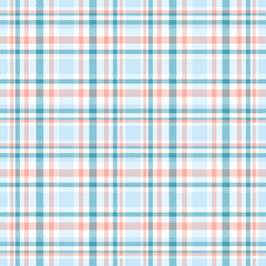 Seamless tartan plaid pattern. Checkered fabric texture print in stripes of pale blue, teal blue, faded red and white. 
