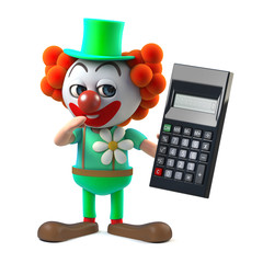 3d Funny cartoon crazy clown character holding a digital calculator - 143341419