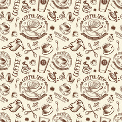 Isolated brown color cup in retro style background, coffee shop backdrop vector illustration