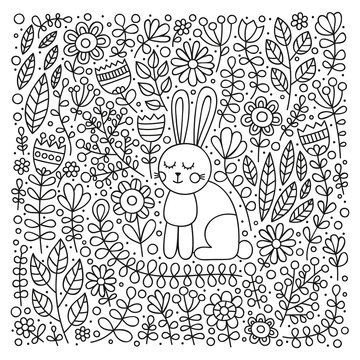 Cute bunny in flowers. Hand drawn doodle card with rabbit and floral ornament. Nice childish design. Coloring page for coloring book. Black and white. Vector outline illustration.
