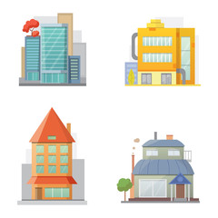 Fototapeta premium Flat design of retro and modern city houses. Old buildings, skyscrapers. colorful cottage building, cafe house front.