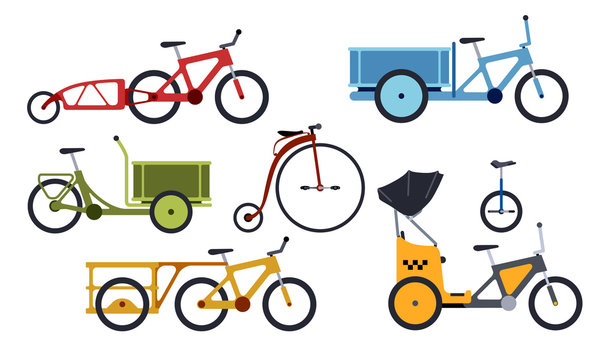 Color set of utility  bicycles and tricycles silhouette icons. Vector isolated clipart