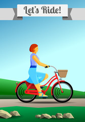 Redhead girl riding a bike in countryside. Green grass summer background. Flat color vector. Vertical clipart illustration