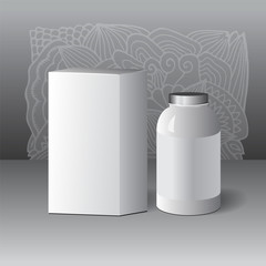 set of cardboard package and glass of bottle on the grey background. mock up, template. stock vector
