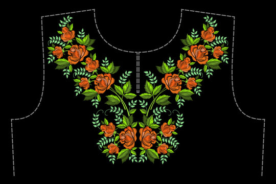 Stylish, fashionable, bright floral arrangements of red roses for embroidery textile products. A pattern for decorating the neck of clothing
