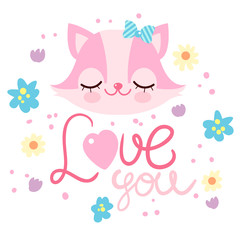Cute kitty with love to you on the flowers backgound. Children character. Love banner. Valentine's Day