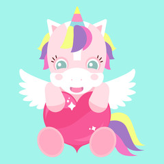 A cute unicorn with a pink heart and wings. Rainbow banner. Children's character. St. Valentine's Day