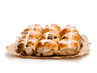 Easter  cross buns and sultanas isolated on white background