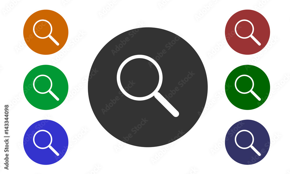 Poster set of colorful circular icons, search on websites and forums and in e-shop with a button and a pict