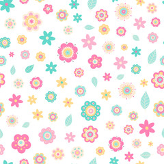 Flat flowers. Vector seamless pattern with cute flat flowers. Pastel colors - light pink; yellow; green; white. Nice baby background. Spring season.