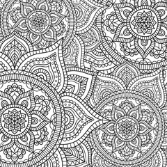 Doodle wzór z etnicznym mandala ornamentem. Czarno-biała ilustracja. Zarys. Kolorowanka dla kolorowanka. - 143344437