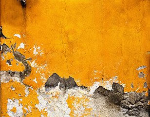 yellow,Orange , gray destroyed plaster at a brick wall. Grunge cement, with a shabby paint background.