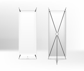 Banner spider mockup empty for advertising . Vector roll up front and return view. X-stand banner isolated on white background
