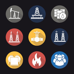 Oil industry flat design long shadow icons set