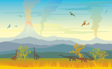 Prehistoric landscape with volcanos and dinos. © Natali Snailcat