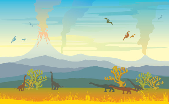 Prehistoric landscape with volcanos and dinos.