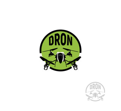 Isolated round shape black color quadrocopter in green circle logo on white background, unmanned aerial vehicle logotype, rc drone vector illustration