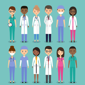 Icons medical characters doctors, nurses and surgeons. Vector flat people. Hospital staff. Medicine concept.