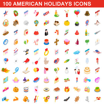 100 American holidays cons set, isometric 3d style