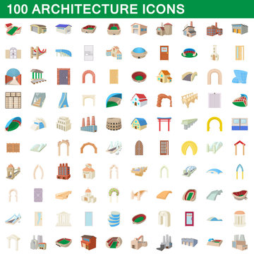 100 architecture icons set, cartoon style