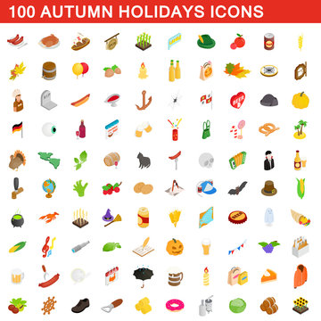 100 autumn holidays cons set, isometric 3d style