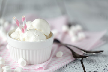 Colorful ive cream scoops in white bowl, copy space