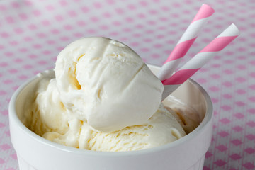 Vanilla ice-cream scoops in white cup on wooden background