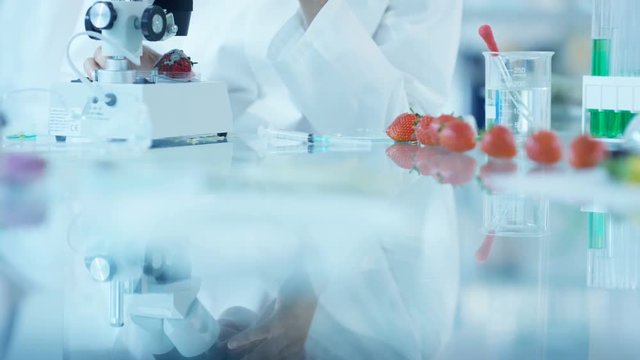  Food science researchers working in lab, woman injecting chemicals into fruit