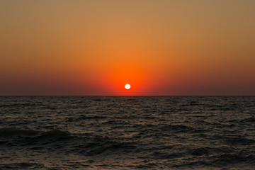 Beautiful view with an ocean in sunset and bird fly in blue sky
