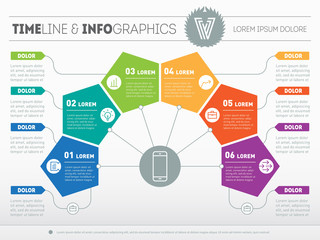 Business presentation concept with six options. Web Template of a info chart, diagram. Vector infographic of technology or education process. Part of the report with icons set.