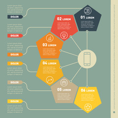 Business presentation concept with 6 options. Web Template of mindmap, info chart or diagram. Part of the report with icons set. Vector infographic of technology or education process.