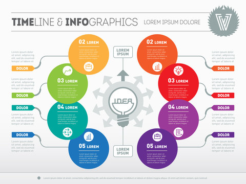 Vector infographic of technology or education process. Business concept with 8 options - from idea to final product. Web Template of a circle chart, diagram. Part of the report with icons set.