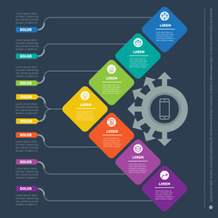 Business presentation with seven options. Vector dynamic infographics of technology or education process. Part of the report with simple geometric elements. Web Template of a info chart or diagram.