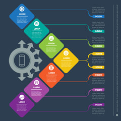 Business presentation with seven options. Web Template of a info chart or diagram. Vector dynamic infographics of technology or education process. Part of the report with simple geometric elements.
