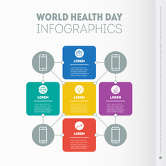  World Health Day infographics template. Vector Diagram with 5 options. Part of the report with icons set.