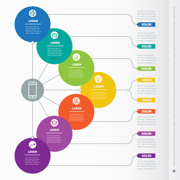 Business presentation with seven options. Web Template of a info chart, mindmap or diagram. Vector dynamic infographics of technology or education process. 