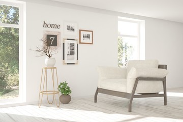 White room with armchair and green landscape in window. Scandinavian interior design. 3D illustration