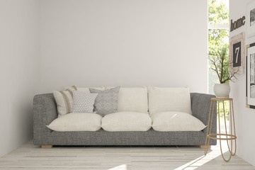 White room with sofa and green landscape in window. Scandinavian interior design. 3D illustration