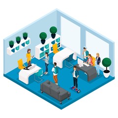 Trendy Isometric people and gadgets, room coworking center, room for creative work and play, stylish interior, laptop, working freelancers, artists, programmers are